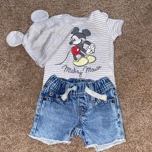 Mickey Mouse Baby Outfit with Hat and Denim Shorts
